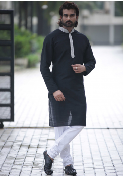 Black With White Color Silk Fabric Kurta Set